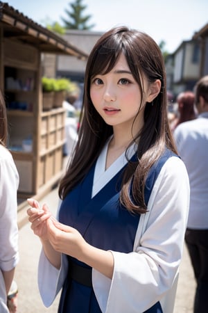 A beautiful black Japanese elementary school girl with long, flowing black hair styled in elegant vertical rolls and captivating eyes stands before a humble clay-brick house in the ancient city of Sumer. She wears a traditional Japanese kimono and hakama. Her expression reveals a mixture of awe, curiosity, and wonder as she gazes at the ancient architecture and bustling marketplace. She could be looking up at the house's entrance, walking through the market, or playing with a Sumerian child. The scene is captured in high resolution and with the highest image quality, creating a realistic and captivating depiction of a young girl experiencing the unique blend of ancient Sumerian civilization and Japanese heritage.