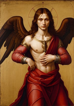 Create a portrait of Archangel Michael, wearing upper body attire, in the style of Leonardo da Vinci. Incorporate elements such as sfumato technique, realistic human anatomy, intricate drapery, and chiaroscuro lighting to capture the essence of the High Renaissance