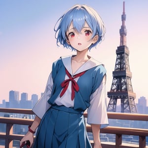 (6 year old girl:1.7), ayanami_rei, (insanely detailed:1.1), (Ultra detailed:1.1), high-quality 8K illustration, (cowboy shot:1.4), 1girl, looking at viewer, solo, blue hair, red eyes, hair between eyes, (short hair:1.2), (casual clothes:1.3), (school uniform:1.2), on a bright sunny day, (Tokyo Tower in background:1.4), beautiful detailed sky, beautiful detailed glow, posing in front of a dynamic background, masterpiece, best quality, beautiful and aesthetic, female focus, wallpaper
