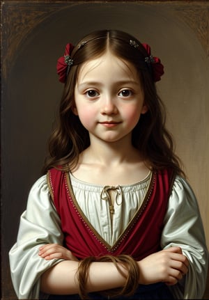 A Renaissance portrait in the style of Leonardo da Vinci, upper body of a 5-year-old boy wearing the clothes of Jesus Christ, sfumato technique, subtle gradations, enigmatic smile, muted earth tones, atmospheric perspective, detailed background landscape, chiaroscuro lighting, realistic child anatomy, intricate drapery of Renaissance clothing, oil on wood panel, high level of detail, masterful composition, soft ethereal glow, gentle facial features, flowing hair, delicate hands, serene and innocent expression, blue robe with red undergarment, subtle halo effect.