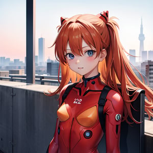 Upper body portrait of 6-year-old Asuka Langley Soryu from Neon Genesis Evangelion, young child, blue eyes, orange hair, hair between eyes, cute expression, childlike features, (no interface headset), wearing her red plugsuit, outdoors, looking at viewer, innocent pose, Tokyo Tower in the background, bright sunny day, 8K resolution, photorealistic, natural lighting, highly detailed, sharp focus