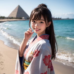 A six-year-old Japanese girl with long black hair, wearing a traditional kimono, stands in front of a camera, facing forward. She is standing on a bright, sunny beach by the sea, with soft sand beneath her feet and a majestic pyramid in the background. The girl's expression is one of joy and wonder, her eyes sparkling as she takes in the beauty of the beach and the pyramid. The lighting is bright and cheerful, casting a warm glow on the scene.