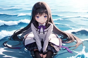 
homuramagica, long hair, pantyhose, purple eyes,

(6 year old girl:1.7), 
1 girl,  
solo,  
6 years old,  
Homura Akemi from Puella Magi Madoka Magica,  
young female,  
Japanese,  
bright purple eyes,  
long straight black hair,  
red ribbon in hair,  
sparkle with determination and mystery,  
serious expression,  
speaking,

wearing a modified magical girl outfit,  
purple and white color scheme,  
short pleated skirt,  
white blouse with purple bow,  
black thigh-high stockings,  
purple diamond-shaped soul gem on left hand,

on a sunny beach,  
bright sunny day,  
clear blue sky,  
sunlight reflecting on the sand and water,

high-resolution,  
highly detailed,  
masterpiece,  
8K,  
photorealistic,

medium shot,  
stunning,  
visually striking,
