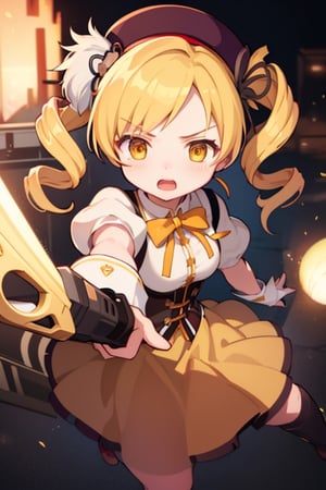 best quality, masterpiece, highres, solo, blonde_hair, drill_hair, twin_drills, twintails, hair_ornament, yellow_eyes, magical_girl, 1girl, beret, gun, hat, parody, weapon, open_mouth