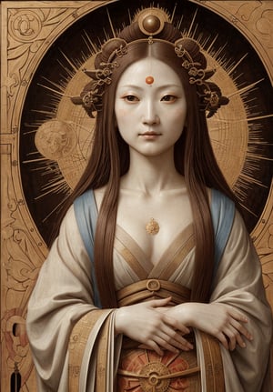 A High Renaissance style painting of the upper body of Amaterasu, the Japanese sun goddess, in an ancient city, depicted in Leonardo da Vinci's distinctive style. The scene should feature intricate architectural details of ancient buildings in the background, with Amaterasu in the foreground. Use the sfumato technique for soft transitions between colors and tones, creating a smoky effect without lines or borders. Include realistic human anatomy and natural elements reminiscent of da Vinci's work. Emphasize Amaterasu's serene and radiant expression, capturing the complexity of divine emotions. Incorporate da Vinci's fascination with light and shadow, creating a mysterious and ethereal atmosphere. Blend Renaissance aesthetics with ancient architectural elements seamlessly. Pay attention to the subtle gradations in Amaterasu's facial features and clothing, mimicking da Vinci's meticulous approach to detail and scientific observation of light and form.
