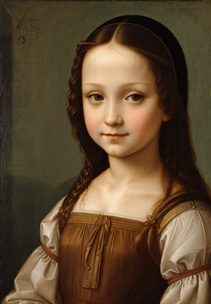 A painting of a 5-year-old girl in Leonardo da Vinci's style, characterized by innocent, playful, and detailed features.