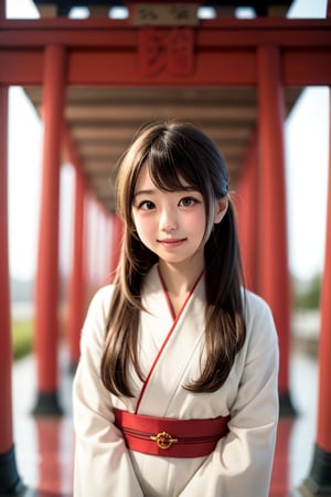 A six-year-old Japanese girl with long black hair, wearing a traditional kimono, stands in front of a camera, facing forward. She is standing in front of a towering, ancient Japanese shrine torii gate, its bright red pillars framing a pathway leading into the sacred grounds. The girl's expression is one of wonder and curiosity, her eyes wide with amazement. The lighting is soft and warm, casting long shadows from the torii gate.