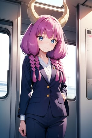 (solo:1.1),
young,
petite,
6-year-old,
Japanese girl,
gentle and kind expression,

aaaura,
braid,
twin braids,
horns,

(Office worker clothes:1.1),

looking at the viewer, cowboy shot,
Inside a Japanese train,

bright,
sunny day,

photorealistic,
ultra-high-resolution,
8K,
