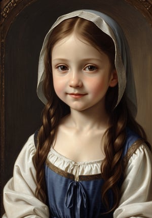 Renaissance portrait in the style of Leonardo da Vinci, upper body of a 5-year-old girl as young Virgin Mary, sfumato technique, subtle gradations, enigmatic smile, muted earth tones, atmospheric perspective, detailed background landscape, chiaroscuro lighting, realistic child anatomy, intricate drapery of Renaissance clothing, oil on wood panel, high level of detail, masterful composition, soft ethereal glow, gentle facial features, flowing hair, delicate hands, serene and innocent expression, simple robe, subtle halo effect.