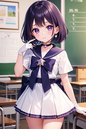  (A five-year-old girl:1.5),
 (Five years old:1.5),
 (infant:1.5),
 (little girl:1.5),
A beautiful and detailed illustration of a 6-year-old Japanese schoolgirl in a classroom setting, incorporating Sailor Saturn elements. She has short purple hair, purple eyes, and is wearing a magical girl outfit with a sailor senshi uniform, miniskirt, purple sailor collar, white gloves, circlet, brooch, choker, earrings, gloves, jewelry, and a star choker. The image should be in a high-quality, 8k resolution, with perfect lighting, extremely detailed CG, and perfect hands and anatomy. The girl should be looking at the viewer in a cowboy shot, with a natural light source and a school background. ,masterpiece