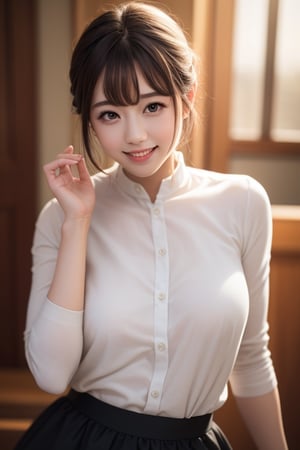 Masterpiece, top quality, official art, highly detailed CG Unity 8K wallpaper, like a , very delicate and beautiful, ultra high resolution, (photorealistic: 1.4), golden hour lighting, (upper body), (platinum shorthair: 0.8), (puffy eyes), looking at the viewer, facing the front, smiling, JK skirt, white dress, Shirt Lift Long Black Hair