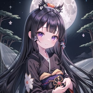 (black hair:1.5),
masterpiece, best quality, intricate details, (kaguya-hime:1.5), (little girl:1.5), (petite:1.5), beautiful child, black hair, white skin, light purple eyes, traditional Japanese kimono, (full moon background:1.3), ethereal glow, innocent smile, (childlike features:1.2), (fairy tale atmosphere:1.3), upper body portrait, (moonlit sky:1.2), (soft moonlight illumination:1.2), (lunar landscape:1.1), (kimono with moon patterns:1.1), (celestial theme:1.2)