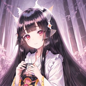 
 (black hair:1.5),
masterpiece, best quality, intricate details, (kaguya-hime:1.5), (little girl:1.5), (petite:1.5), beautiful child, light pink hair, white skin, light purple eyes, traditional Japanese kimono, bamboo forest background, full moon in sky, ethereal glow, innocent smile, (childlike features:1.2), (fairy tale atmosphere:1.3), upper body portrait, 
