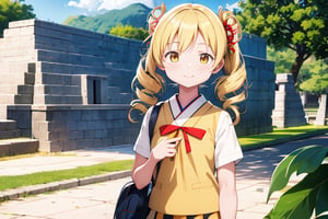 1 girl,
solo,
young Japanese girl,
around 6 years old,
bright yellow eyes,
sparkle with innocence and curiosity,
playful expression,
curious,
young,
female,
Japanese,

wearing a Japanese school uniform,
collared shirt,
pleated skirt,
backpack,

blonde hair,
styled in twin drills and twintails,
adorned with a cute hair ornament,

 front of a Mayan pyramid temple,

bright sunny day,
clear blue sky,
sunlight,

high-resolution,
highly detailed,
masterpiece,
8K,
3D,
photorealistic,

medium shot,

stunning,
visually striking,
youthful innocence,
endearing personality,
playfulness and wonder,
charm and energy of a young child,