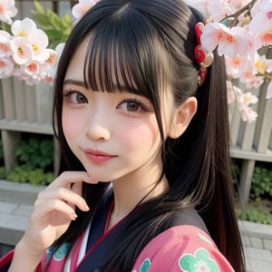 A stunning portrait of an 8-year-old Japanese girl, radiating beauty and innocence. She has long, flowing black hair, large, expressive dark eyes, and a delicate, heart-shaped face. She is wearing a traditional Japanese kimono, adorned with intricate patterns and vibrant colors. The background is a serene Japanese garden with cherry blossoms in full bloom. Highly detailed, masterpiece, 8K resolution.