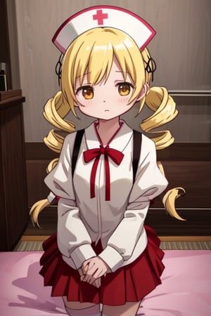 Create a stunning, high-resolution masterpiece of a solo young Japanese girl, around 6 years old, with blonde hair styled in twin drills and twintails, adorned with a cute hair ornament. Her bright yellow eyes sparkle with innocence and curiosity. She wears a traditional Japanese nurse uniform, including a collared shirt, pleated skirt, and a nurse's cap. Her expression is one of playfulness and wonder, capturing the charm and energy of a young child. Generate an image that is highly detailed and visually striking, with a focus on the character's youthful innocence and endearing personality. Highly detailed, masterpiece, 8K, 3D, photorealistic, 1 girl, solo, young, female, Japanese, nurse uniform, nurse's cap, playful expression, curious.