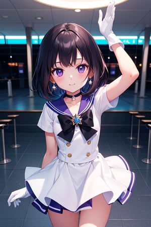 (solo:1.5), (A five-year-old girl:1.5), (Five years old:1.5), (infant:1.5), (little girl:1.5), A 6-year-old Japanese schoolgirl incorporating Sailor Saturn elements,

short purple hair, purple eyes, magical girl outfit, sailor senshi uniform, miniskirt, purple sailor collar, white gloves, circlet, brooch, choker, earrings, gloves, jewelry, star choker,

looking at the viewer, cowboy shot,

Airport Square,

beautiful and detailed illustration, high-quality, 8k resolution, perfect lighting, extremely detailed CG, perfect hands and anatomy, masterpiece,

Daytime,

