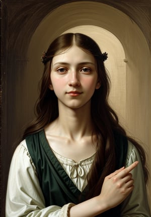 Renaissance portrait in the style of Leonardo da Vinci, upper body of a 15-year-old boy as young Jesus Christ, sfumato technique, subtle gradations, enigmatic smile, muted earth tones, atmospheric perspective, detailed background landscape, chiaroscuro lighting, realistic adolescent anatomy, intricate drapery of Renaissance clothing, oil on wood panel, high level of detail, masterful composition, soft ethereal glow, gentle facial features, flowing hair, delicate hands, serene and innocent expression, simple robe, subtle halo effect