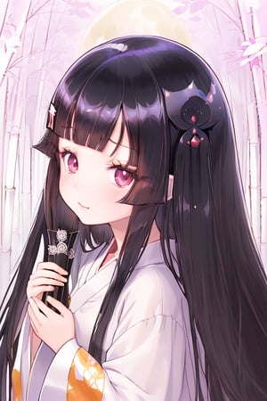 
 (black hair:1.5),
masterpiece, best quality, intricate details, (kaguya-hime:1.5), (little girl:1.5), (petite:1.5), beautiful child, light pink hair, white skin, light purple eyes, traditional Japanese kimono, bamboo forest background, full moon in sky, ethereal glow, innocent smile, (childlike features:1.2), (fairy tale atmosphere:1.3), upper body portrait, 
