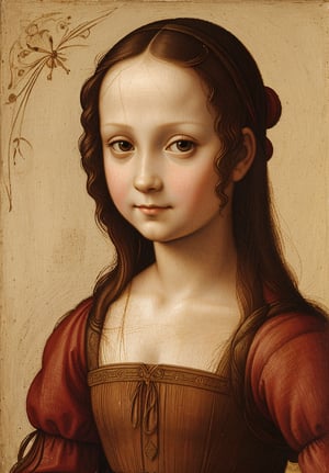 A painting of a 5-year-old girl in Leonardo da Vinci's style, characterized by innocent, playful, and detailed features.