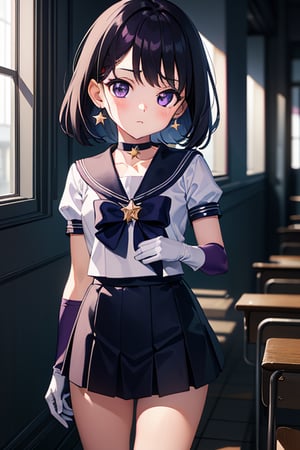  (A five-year-old girl:1.5),
 (Five years old:1.5),
 (infant:1.5),
 (little girl:1.5),
A beautiful and detailed illustration of a 6-year-old Japanese schoolgirl in a classroom setting, incorporating Sailor Saturn elements. She has short purple hair, purple eyes, and is wearing a magical girl outfit with a sailor senshi uniform, miniskirt, purple sailor collar, white gloves, circlet, brooch, choker, earrings, gloves, jewelry, and a star choker. The image should be in a high-quality, 8k resolution, with perfect lighting, extremely detailed CG, and perfect hands and anatomy. The girl should be looking at the viewer in a cowboy shot, with a natural light source and a school background. 