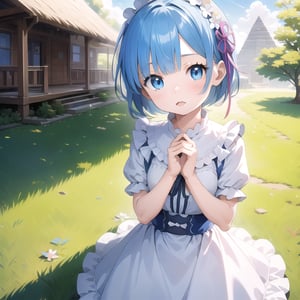 (6 year old girl:1.7), (cowboy shot:1.4), Rem from Re:Zero, (insanely detailed:1.1), (Ultra detailed:1.1), (8K resolution:1.2), (photorealistic:1.1), (natural lighting:1.1), young child, big blue eyes, short light blue hair with side bangs, cute expression, childlike features, wearing a distinctive maid outfit with frills and bows, blue and white color scheme, outdoors, Maya civilization pyramid temple in background, bright sunny day, clear sky, looking at viewer, innocent pose, (hyper-realistic:1.1)