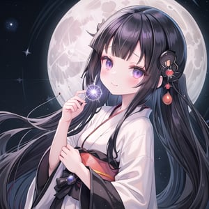 (black hair:1.5),
masterpiece, best quality, intricate details, (kaguya-hime:1.5), (little girl:1.5), (petite:1.5), beautiful child, black hair, white skin, light purple eyes, traditional Japanese kimono, (full moon background:1.3), ethereal glow, innocent smile, (childlike features:1.2), (fairy tale atmosphere:1.3), upper body portrait, (moonlit sky:1.2), (soft moonlight illumination:1.2), (lunar landscape:1.1), (kimono with moon patterns:1.1), (celestial theme:1.2)