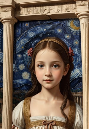 A painting of a 5-year-old girl in an ancient Greek city, rendered in Leonardo da Vinci's distinctive style. The scene should feature the Parthenon and other classical Greek architecture in the background. Use sfumato technique for soft transitions between light and shadow. Include intricate details of Greek columns, statues, and the girl's clothing. Capture the girl's curious expression and delicate features with da Vinci's characteristic realism. Incorporate a starry night sky to add depth and mystery. Blend Renaissance painting techniques with ancient Greek aesthetics, emphasizing natural light and shadow to create a harmonious composition.