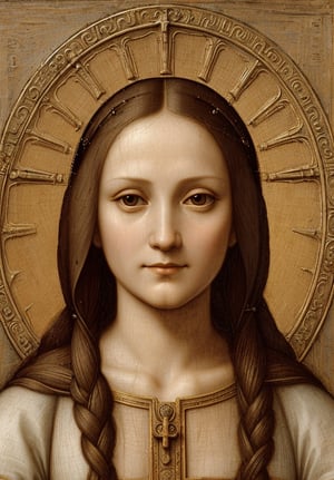A portrait in the distinctive style of Leonardo da Vinci, depicting the upper body of the Virgin Mary in an ancient city. The background subtly hints at an ancient city, with elements such as detailed architecture, temples, and market scenes visible but not distracting from the main subject. Mary is shown wearing traditional ancient clothing, with a serene and compassionate expression. The painting captures the intricate details and realistic textures typical of Leonardo da Vinci's work, with a focus on light and shadow to create depth and dimension. Use the sfumato technique for soft transitions between colors and tones, and emphasize Mary's divine features and gentle presence. Blend Renaissance and ancient aesthetics seamlessly.