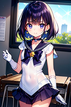  (A five-year-old girl:1.5),
 (Five years old:1.5),
 (infant:1.5),
 (little girl:1.5),
A beautiful and detailed illustration of a 6-year-old Japanese schoolgirl in a classroom setting, incorporating Sailor Saturn elements. She has short purple hair, purple eyes, and is wearing a magical girl outfit with a sailor senshi uniform, miniskirt, purple sailor collar, white gloves, circlet, brooch, choker, earrings, gloves, jewelry, and a star choker. The image should be in a high-quality, 8k resolution, with perfect lighting, extremely detailed CG, and perfect hands and anatomy. The girl should be looking at the viewer in a cowboy shot, with a natural light source and a school background. 