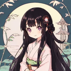 
 (black hair:1.5),
masterpiece, best quality, intricate details, (kaguya-hime:1.5), (little girl:1.5), (petite:1.5), beautiful child, light pink hair, white skin, light purple eyes, traditional Japanese kimono, bamboo forest background, full moon in sky, ethereal glow, innocent smile, (childlike features:1.2), (fairy tale atmosphere:1.3), upper body portrait, 
