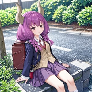 aaaura, braid, twin braids, horns, 

Highly detailed, photorealistic portrait of a young, petite Japanese high school girl with long, beautiful hair in twin braids, wearing a school uniform with a pleated skirt, blazer, tie, and loafers, carrying a backpack. She has a gentle, kind expression and looks like a cute, pretty idol. The image is ultra-detailed, masterfully crafted, and of the highest picture quality.
