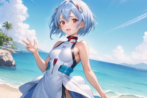 (6 year old girl:1.7),
standing,

(cowboy shot:1.1),

ayanami_rei, (insanely detailed:1.1), (Ultra detailed:1.1), high-quality 8K photograph, blue hair, red eyes, hair between eyes, (short hair:1.2), (white and blue plugsuit:1.3), (neural connectors:1.1), in front of a luxurious seaside resort on a bright sunny day, beautiful detailed ocean, vibrant blue sky, radiant sunlight, posing in front of the resort, with a cheerful and sunny atmosphere, masterpiece, best quality, beautiful and aesthetic, female focus, wallpaper