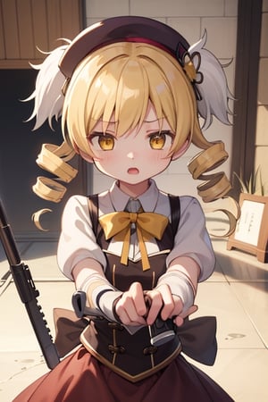 best quality, masterpiece, highres, solo, blonde_hair, drill_hair, twin_drills, twintails, hair_ornament, yellow_eyes, magical_girl, 1girl, beret, gun, hat, parody, weapon, open_mouth