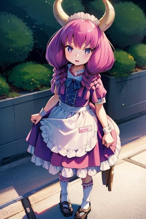 aaaura, braid, twin braids, horns, 

(A girl dressed as a maid:1.3),

Create a photorealistic, ultra-high-resolution (8K) image of a young, petite 6-year-old Japanese girl with a gentle and kind expression. She should be standing on the rooftop of a school on a bright, sunny day.