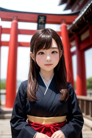 A six-year-old Japanese girl with long black hair, wearing a traditional kimono, stands in front of a camera, facing forward. She is standing in front of a towering, ancient Japanese shrine torii gate, its bright red pillars framing a pathway leading into the sacred grounds. The girl's expression is one of wonder and curiosity, her eyes wide with amazement. The lighting is soft and warm, casting long shadows from the torii gate.