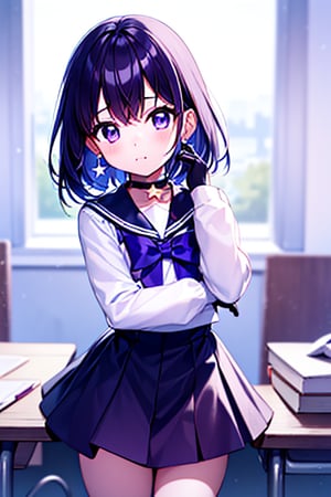  (A five-year-old girl:1.5),
 (Five years old:1.5),
 (infant:1.5),
 (little girl:1.5),
A beautiful and detailed illustration of a 6-year-old Japanese schoolgirl in a classroom setting, incorporating Sailor Saturn elements. She has short purple hair, purple eyes, and is wearing a magical girl outfit with a sailor senshi uniform, miniskirt, purple sailor collar, white gloves, circlet, brooch, choker, earrings, gloves, jewelry, and a star choker. The image should be in a high-quality, 8k resolution, with perfect lighting, extremely detailed CG, and perfect hands and anatomy. The girl should be looking at the viewer in a cowboy shot, with a natural light source and a school background. 