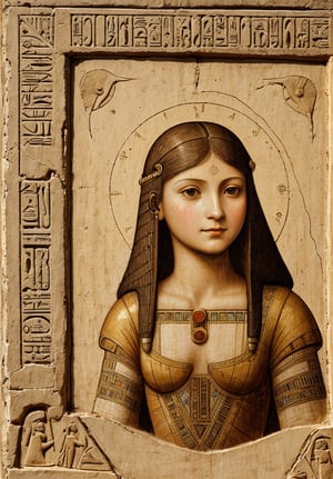A painting of a 5-year-old girl in an ancient Egyptian city, depicted in Leonardo da Vinci's distinctive style. The scene should feature intricate architectural details of Egyptian temples and pyramids, with the girl in the foreground. Use sfumato technique for soft transitions between colors and tones. Include realistic human anatomy and natural elements like the Nile River. Emphasize the girl's curious expression and delicate features. Incorporate da Vinci's fascination with light and shadow, creating a mysterious atmosphere. Blend Renaissance and ancient Egyptian aesthetics seamlessly
