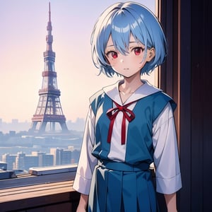 (6 year old girl:1.7), ayanami_rei, (insanely detailed:1.1), (Ultra detailed:1.1), high-quality 8K illustration, (cowboy shot:1.4), 1girl, looking at viewer, solo, blue hair, red eyes, hair between eyes, (short hair:1.2), (casual clothes:1.3), (school uniform:1.2), on a bright sunny day, (Tokyo Tower in background:1.4), beautiful detailed sky, beautiful detailed glow, posing in front of a dynamic background, masterpiece, best quality, beautiful and aesthetic, female focus, wallpaper
