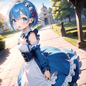 (6 year old girl:1.7), (cowboy shot:1.4), Rem from Re:Zero, (insanely detailed:1.1), (Ultra detailed:1.1), (8K resolution:1.2), (photorealistic:1.1), (natural lighting:1.1), young child, big blue eyes, short light blue hair with side bangs, cute expression, childlike features, wearing a distinctive maid outfit with frills and bows, blue and white color scheme, outdoors, Palace of Versailles in background, bright sunny day, clear sky, looking at viewer, innocent pose, (hyper-realistic:1.1)