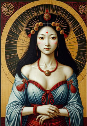 A painting of the upper body of Amaterasu, the Japanese sun goddess, in an ancient city, depicted in Leonardo da Vinci's distinctive High Renaissance style. The scene should feature intricate architectural details of ancient buildings in the background, with Amaterasu in the foreground. Use the sfumato technique for soft transitions between colors and tones, creating a smoky effect without lines or borders. Include realistic human anatomy and natural elements of the period. Emphasize Amaterasu's serene and radiant expression, capturing the complexity of divine emotions. Incorporate da Vinci's fascination with light and shadow, creating a mysterious and ethereal atmosphere. Blend Renaissance aesthetics with ancient architectural elements seamlessly. Pay attention to the subtle gradations in Amaterasu's facial features and clothing, mimicking da Vinci's meticulous approach to detail and scientific observation of light and form.