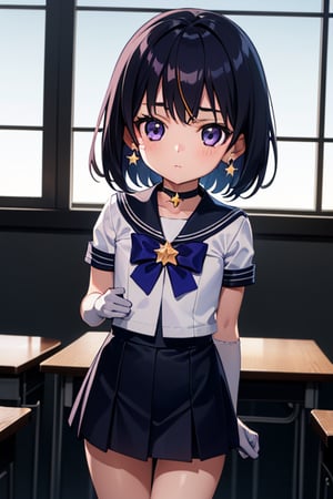  (A five-year-old girl:1.5),
 (Five years old:1.5),
 (infant:1.5),
 (little girl:1.5),
A beautiful and detailed illustration of a 6-year-old Japanese schoolgirl in a classroom setting, incorporating Sailor Saturn elements. She has short purple hair, purple eyes, and is wearing a magical girl outfit with a sailor senshi uniform, miniskirt, purple sailor collar, white gloves, circlet, brooch, choker, earrings, gloves, jewelry, and a star choker. The image should be in a high-quality, 8k resolution, with perfect lighting, extremely detailed CG, and perfect hands and anatomy. The girl should be looking at the viewer in a cowboy shot, with a natural light source and a school background. 