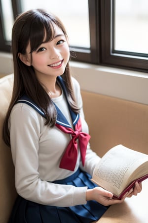 A beautiful elementary school girl with long, flowing black hair styled in elegant vertical rolls and captivating eyes is engrossed in a book at the library. She wears a stylish school uniform (either a sailor suit or a one-piece dress) and is beaming with a bright smile. She could be reading a large book, a small book, or looking out the window while reading. The scene is captured in high resolution and with the highest image quality, creating a realistic and heartwarming depiction of a girl enjoying a good book.