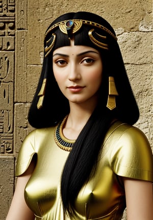 A High Renaissance style painting of the upper body of Cleopatra, the Egyptian queen, depicted in Leonardo da Vinci's distinctive style. The scene should feature intricate architectural details of ancient Egyptian temples and pyramids in the background, with Cleopatra in the foreground. Use the sfumato technique for soft transitions between colors and tones, creating a smoky effect without lines or borders. Include realistic human anatomy and natural elements like the Nile River. Emphasize Cleopatra's regal and enigmatic expression, capturing the complexity of her character. Incorporate da Vinci's fascination with light and shadow, creating a mysterious and ethereal atmosphere. Blend Renaissance aesthetics with ancient Egyptian architectural elements seamlessly. Pay attention to the subtle gradations in Cleopatra's facial features and clothing, mimicking da Vinci's meticulous approach to detail and scientific observation of light and form.