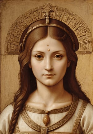 A portrait in the distinctive style of Leonardo da Vinci, depicting the upper body of the goddess Athena in an ancient city. The background subtly hints at an ancient city, with elements such as detailed architecture, temples, and market scenes visible but not distracting from the main subject. Athena is shown wearing traditional ancient clothing, with a serene and wise expression. The painting captures the intricate details and realistic textures typical of Leonardo da Vinci's work, with a focus on light and shadow to create depth and dimension. Use the sfumato technique for soft transitions between colors and tones, and emphasize Athena's divine features and commanding presence. Blend Renaissance and ancient aesthetics seamlessly.