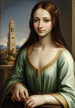 Renaissance portrait in the style of Leonardo da Vinci, upper body of a 15-year-old boy as young Jesus Christ, sfumato technique, subtle gradations, enigmatic smile, muted earth tones, atmospheric perspective, detailed background landscape, chiaroscuro lighting, realistic adolescent anatomy, intricate drapery of Renaissance clothing, oil on wood panel, high level of detail, masterful composition, soft ethereal glow, gentle facial features, flowing hair, delicate hands, serene and innocent expression, simple robe, subtle halo effect