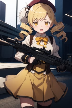 best quality, masterpiece, highres, solo, blonde_hair, drill_hair, twin_drills, twintails, hair_ornament, yellow_eyes, magical_girl, 1girl, beret, gun, hat, parody, weapon, open_mouth