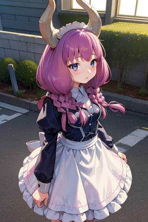 aaaura, braid, twin braids, horns, 

(A girl dressed as a maid:1.3),

Create a photorealistic, ultra-high-resolution (8K) image of a young, petite 6-year-old Japanese girl with a gentle and kind expression. She should be standing on the rooftop of a school on a bright, sunny day.