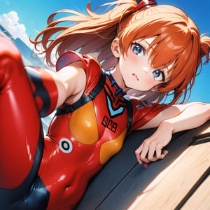 (6 year old girl:1.7), Asuka Langley Soryu from Neon Genesis Evangelion, young child, blue eyes, orange hair, hair between eyes, cute expression, childlike features, wearing a red plugsuit, outdoors, looking at viewer, innocent pose, background is Tokyo Tower, cityscape