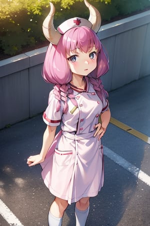 aaaura, braid, twin braids, horns, 

(nurse's uniform:1.3),

Create a photorealistic, ultra-high-resolution (8K) image of a young, petite 6-year-old Japanese girl with a gentle and kind expression. She should be wearing a nurse's uniform and standing on the rooftop of a school on a bright, sunny day.